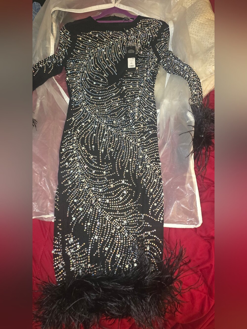 Fashion Nova Black Sequin Bodycon Dress with Feather Trim